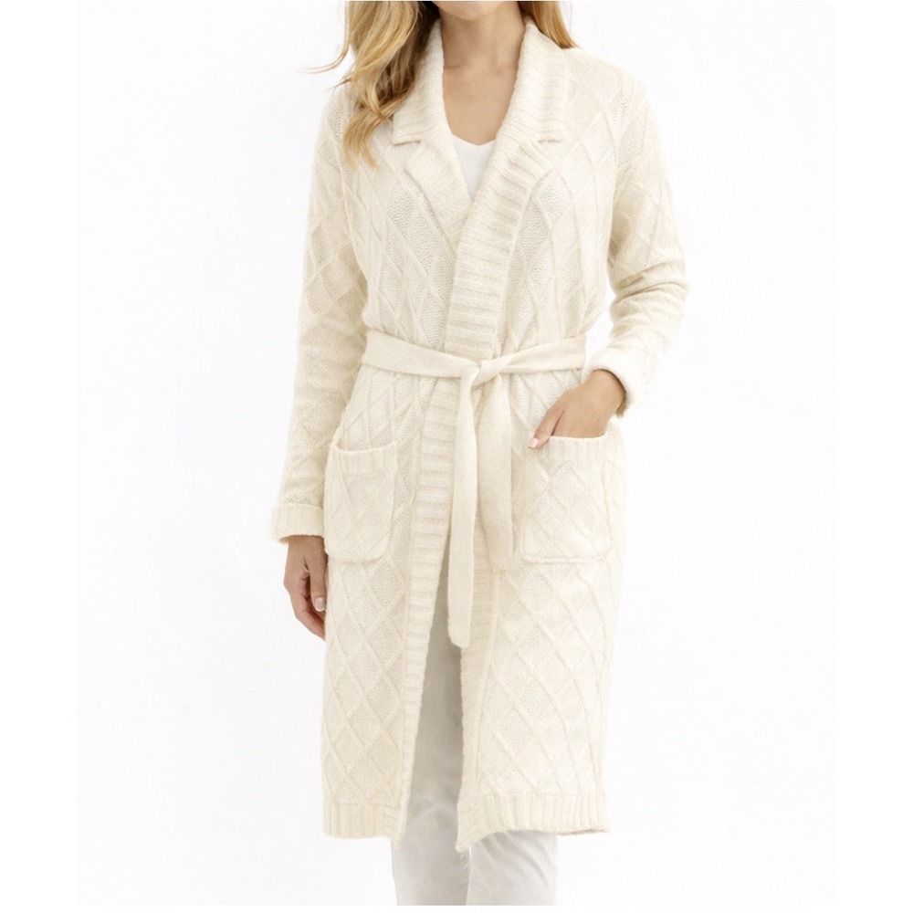 GIULIANA Soft Belted Duster Cardigan Spring Sweater Coat Cream Ivory Knit New L
